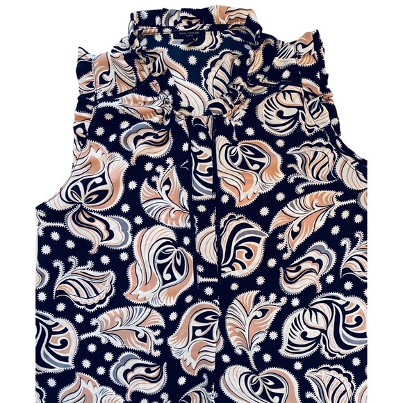 ANN TAYLOR Blouse Women’s Petite Small Navy Semi Sheer Sleeveless Paisley Print - Picture 3 of 11